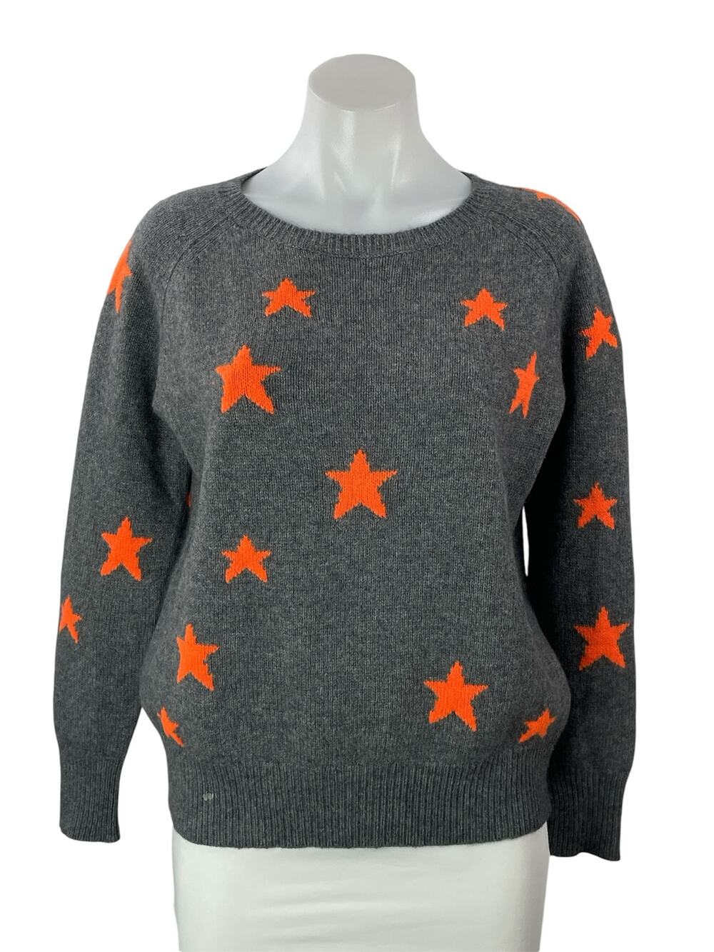 360 Cashmere Women's Gray Orange Star Knit Long Sleeve Round Sweater Top Size S